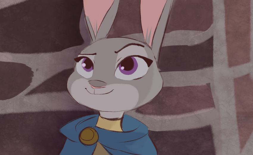 2016 abstract_background absurd_res anthro captain_phoebus clothed clothing crossdressing disney duo fur headshot_portrait hi_res judy_hopps judylavernehopps lagomorph mammal parody pink_nose portrait purple_eyes rabbit raised_eyebrow smile solo the_hunchback_of_notre_dame zootopia