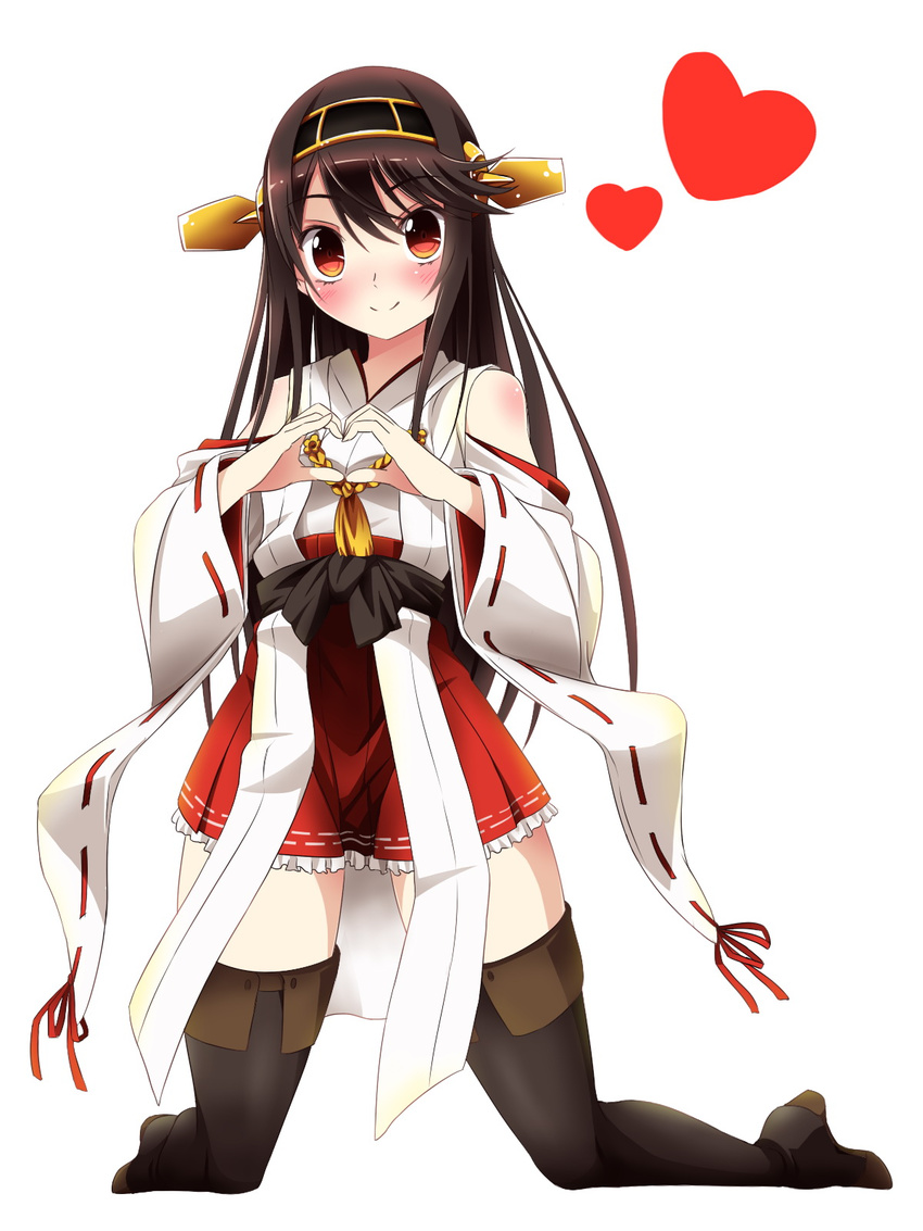 bare_shoulders black_hair black_legwear blush boots brown_hair detached_sleeves hairband haruna_(kantai_collection) headgear heart heart_hands heat highres kantai_collection khnchak kneehighs long_hair looking_at_viewer nontraditional_miko red_eyes red_skirt simple_background skirt smile solo thigh_boots thighhighs white_background