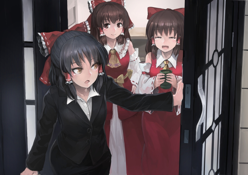 black_hair black_suit blush bow brown_eyes brown_hair closed_eyes closed_mouth collar cookie_(touhou) cravat cup detached_sleeves door doorway dress eyebrows_visible_through_hair facing_another facing_viewer formal frilled_collar frills hair_bow hair_ornament hair_tubes hakurei_reimu half_updo holding ichiba_youichi kanna_(cookie) looking_at_another multiple_girls open_mouth red_bow red_dress reu ribbon-trimmed_sleeves ribbon_trim sananana shirt short_hair sidelocks smile suit touhou white_shirt yunomi