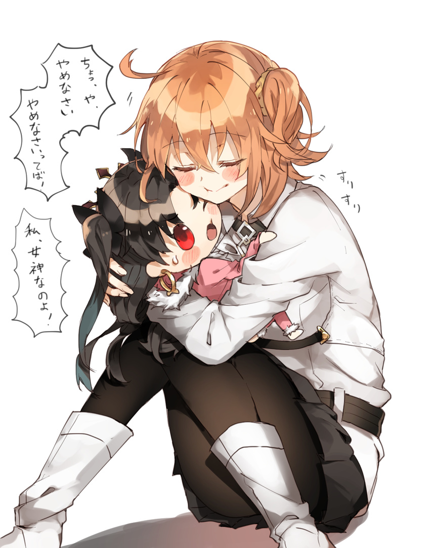 ahoge bangs belt black_bow black_legwear black_skirt blush_stickers boots bow brown_hair chaldea_uniform character_doll chibirisu closed_eyes closed_mouth collared_shirt earrings eyebrows_visible_through_hair fate/grand_order fate_(series) fingernails fujimaru_ritsuka_(female) fur-trimmed_hood highres hoop_earrings hug ishtar_(fate/grand_order) ishtar_(swimsuit_rider)_(fate) jacket jewelry long_hair long_sleeves one_eye_closed open_mouth orange_hair orange_scrunchie parted_bangs pink_jacket red_eyes scrunchie shiny shiny_hair shirt short_hair side_ponytail simple_background sitting skirt smile solo speech_bubble sweatdrop tiara translated twintails two_side_up white_background white_footwear white_shirt