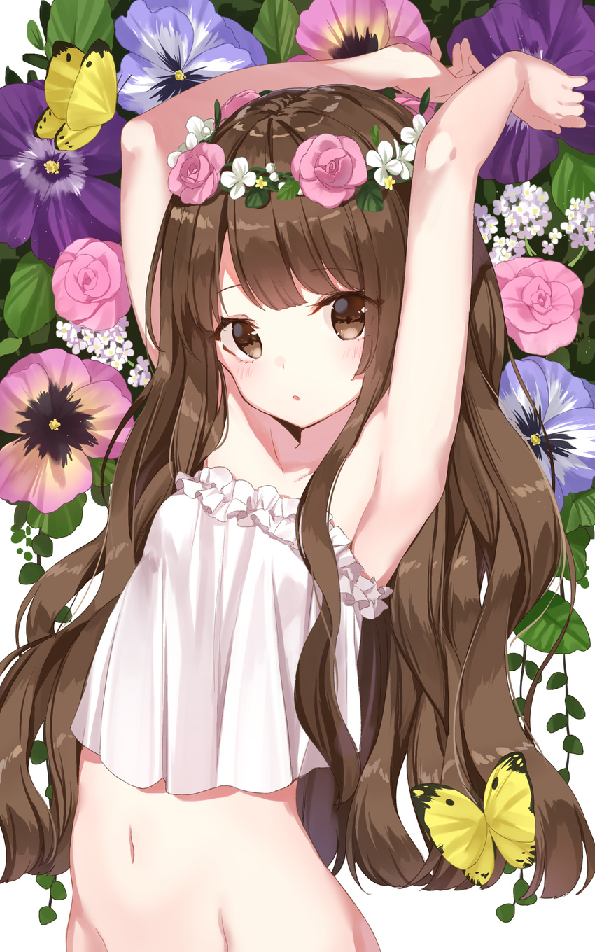 absurdres animal armpits arms_up bangs bare_arms blush bottomless breasts brown_eyes brown_hair bug butterfly collarbone commentary_request crop_top eyebrows_visible_through_hair eyes_visible_through_hair flower flower_wreath frilled_shirt frills groin hair_flower hair_ornament head_wreath highres insect jimmy long_hair looking_at_viewer navel open_mouth original out-of-frame_censoring shirt small_breasts solo stomach white_shirt
