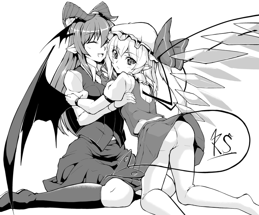 :/ :d ^_^ absurdres ass back_cutout bat_wings boots bow breasts closed_eyes commentary_request fang flandre_scarlet frills full_body greyscale hair_between_eyes hat hat_bow head_wings highres horns juliet_sleeves koakuma laevatein_(tail) long_hair long_sleeves low_wings medium_breasts mob_cap monochrome multiple_girls necktie no_panties no_shoes open_mouth pants pants_under_skirt pointy_ears puffy_short_sleeves puffy_sleeves ryuuno_stadtfeld short_hair short_sleeves side_ponytail sidelocks simple_background sitting skirt skirt_set slit_pupils smile tail thigh_boots thighhighs touhou vest wariza white_background wings wrist_cuffs