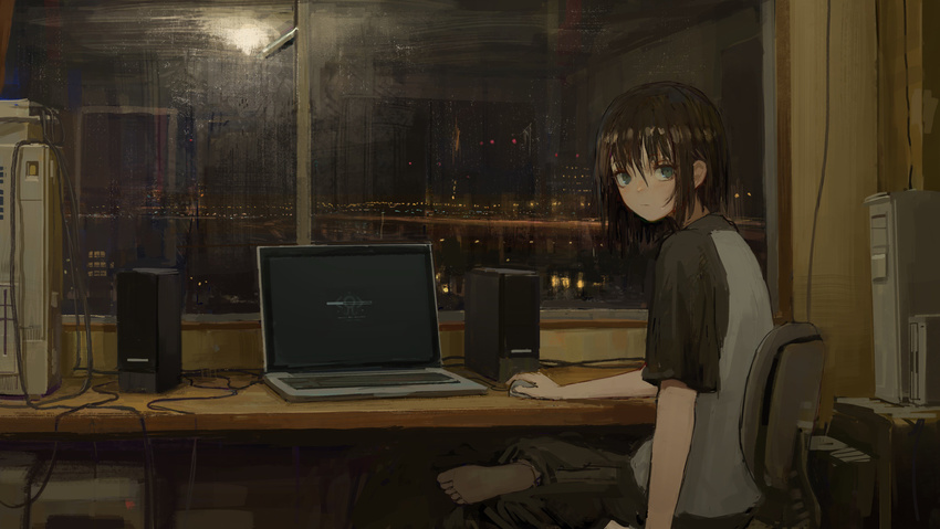 absurdres barefoot blue_eyes brown_hair cable cityscape closed_mouth computer computer_tower condensation crossed_legs desk highres indoors lamp laptop light loading_screen looking_at_viewer mouse_(computer) night on_chair original pants raglan_sleeves reflection revision scenery shion_(mirudakemann) short_hair sitting solo speaker swivel_chair track_pants window