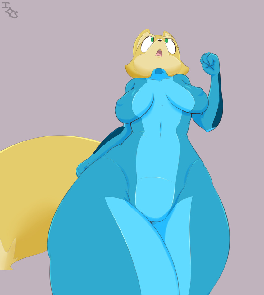 2015 anthro big_breasts breasts camel_toe canine clothed clothing crossgender crossover female fox fox_mccloud fully_clothed green_eyes hi_res immortalstar low-angle_view mammal metroid nintendo nipple_bulge open_mouth simple_background solo star_fox thick_thighs tight_clothing video_games zero_suit zero_suit_fox