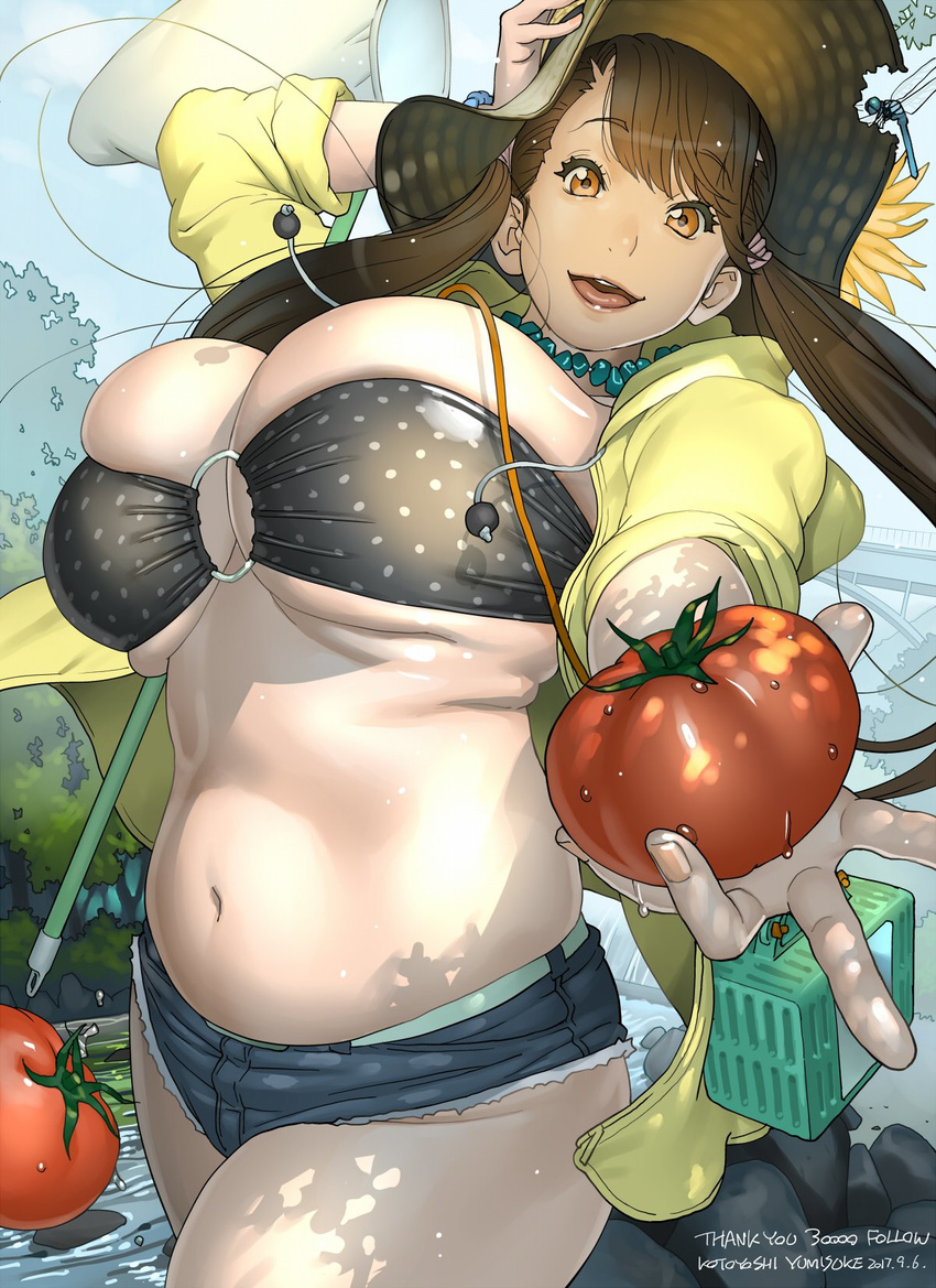arm_up belly breasts brown_hair butterfly_net denim denim_shorts eyebrows eyebrows_visible_through_hair gundam gundam_build_fighters hand_net hat highres huge_breasts kotoyoshi_yumisuke long_hair looking_at_viewer o-ring o-ring_top plump round_teeth sazaki_kaoruko short_shorts shorts skindentation smile solo stuffed_toy teeth thick_thighs thighs tomato tongue twintails