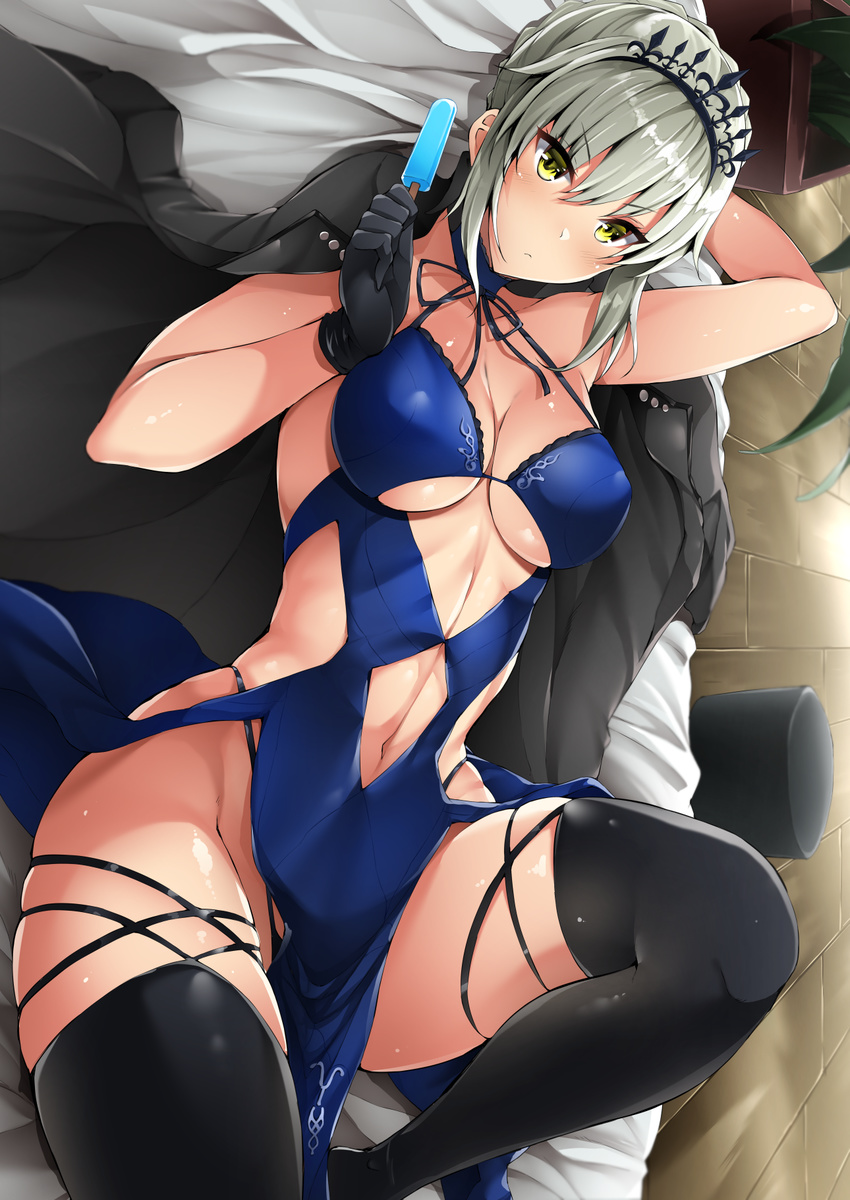 alternate_costume arm_behind_head artoria_pendragon_(all) artoria_pendragon_(swimsuit_rider_alter) bed black_gloves black_jacket black_legwear black_panties blue_dress breasts choker cleavage dress fate/grand_order fate_(series) food gloves grey_hair halterneck headdress highleg highleg_panties highres jacket jacket_on_shoulders looking_at_viewer lying medium_breasts navel navel_cutout no_bra on_back on_bed open_clothes open_jacket panties popsicle revealing_clothes solo stem thighhighs underboob underboob_cutout underwear yellow_eyes