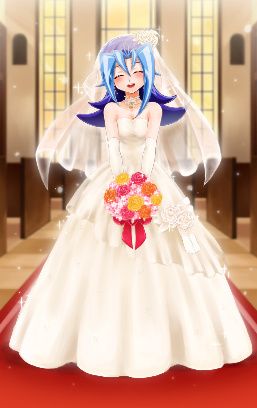 1girl blue_hair breasts chiyo_(no3baki) dress full_body happy kamishiro_rio long_hair red_eyes smile solo wedding_dress yu-gi-oh! yuu-gi-ou_zexal