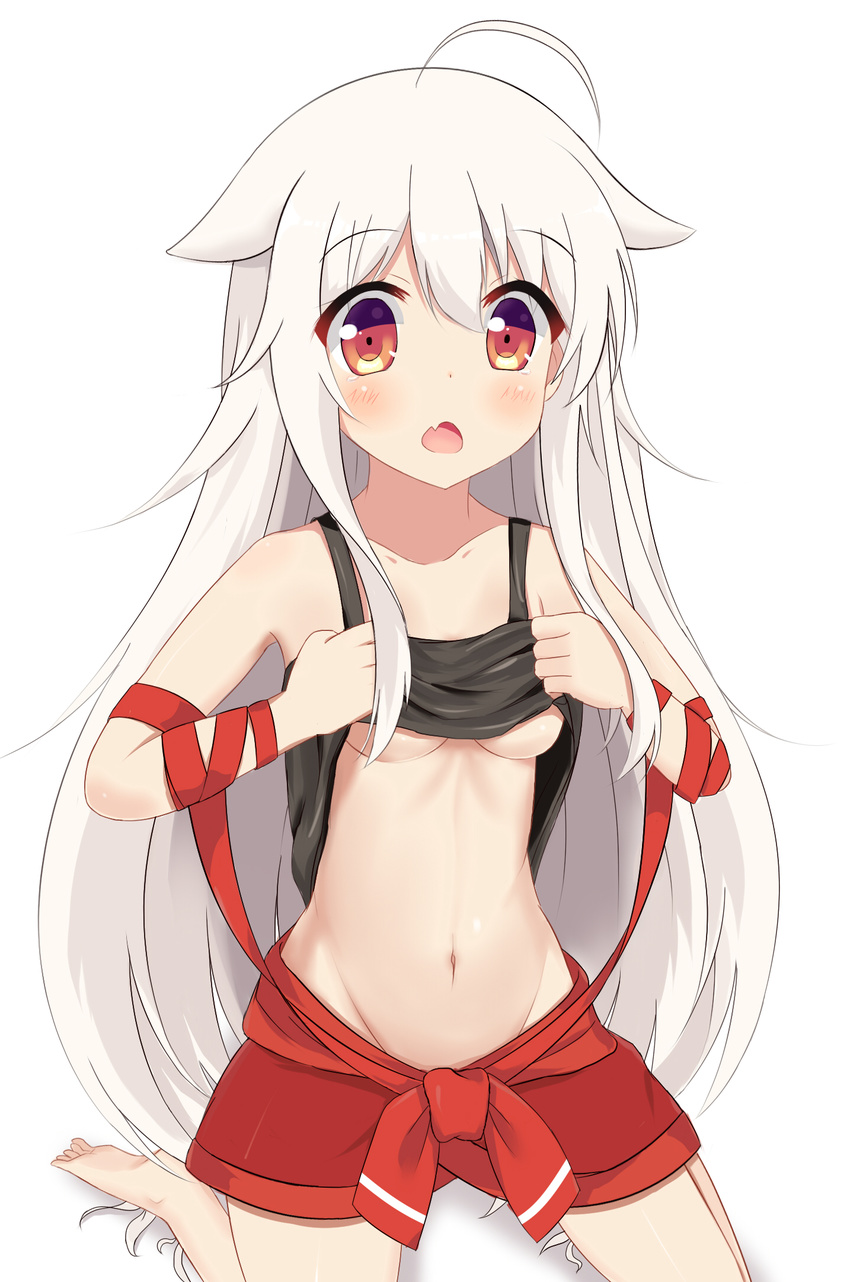 ahoge bare_legs bare_shoulders barefoot black_shirt blush breasts brown_eyes chiya_(urara_meirochou) collarbone commentary_request eyebrows_visible_through_hair fang groin hair_between_eyes hair_flaps highres kneeling lifted_by_self long_hair looking_at_viewer medium_breasts navel no_bra open_mouth red_skirt shirt shirt_lift sidelocks simple_background skirt sleeveless sleeveless_shirt soles solo tareme tears underboob urara_meirochou very_long_hair white_background white_hair xiaosamiao