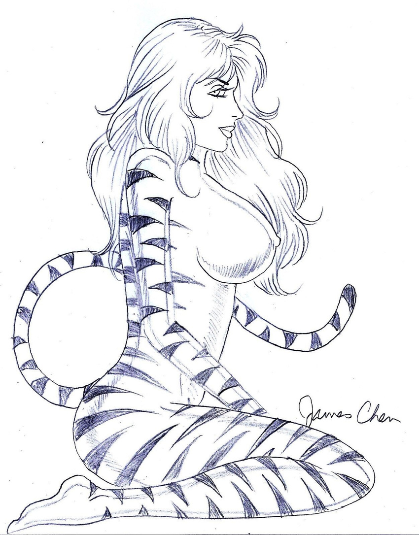 big_breasts breasts feline female hair humanoid_face james_chen looking_at_viewer mammal marvel monochrome simple_background solo stripes tiger tigra