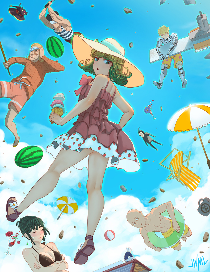 4boys :o bald bang_(one-punch_man) bare_arms bare_shoulders beach_chair beach_umbrella bikini black_bikini black_sclera black_sperm blonde_hair blue_sky blush breasts chair character_request chomusuke cleavage closed_eyes cloud cloudy_sky crossover curly_hair debris facing_viewer floating food food_print fruit fubuki_(one-punch_man) funhaus genos green_eyes green_hair hat highres ice_cream ice_cream_cone justin_leyva_(steamy_tomato) king_(one-punch_man) kinzoku_bat kneepits kono_subarashii_sekai_ni_shukufuku_wo! large_breasts looking_at_viewer looking_back medium_breasts multiple_boys multiple_girls no_socks one-punch_man parted_lips saitama_(one-punch_man) sandals scar scar_across_eye shirtless short_hair signature sky strawberry_print suikawari sun_hat sweatdrop swimsuit tatsumaki telekinesis umbrella watermelon