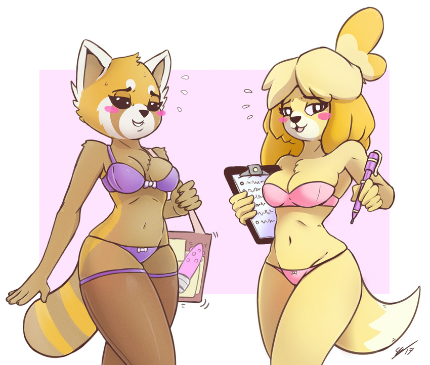 2017 aggressive_retsuko animal_crossing anthro bag blush border bra breasts canine chest_tuft cleavage clothed clothing crossover digital_media_(artwork) dildo dipstick_tail dog duo eyelashes female fur hair holding_object isabelle_(animal_crossing) legwear looking_at_viewer mammal multicolored_tail navel nintendo notepad open_mouth open_smile panties pen purple_background red_panda retsuko sanrio secretly_saucy sex_toy shih_tzu simple_background smile standing stockings sweat thigh_highs tuft underwear video_games white_border