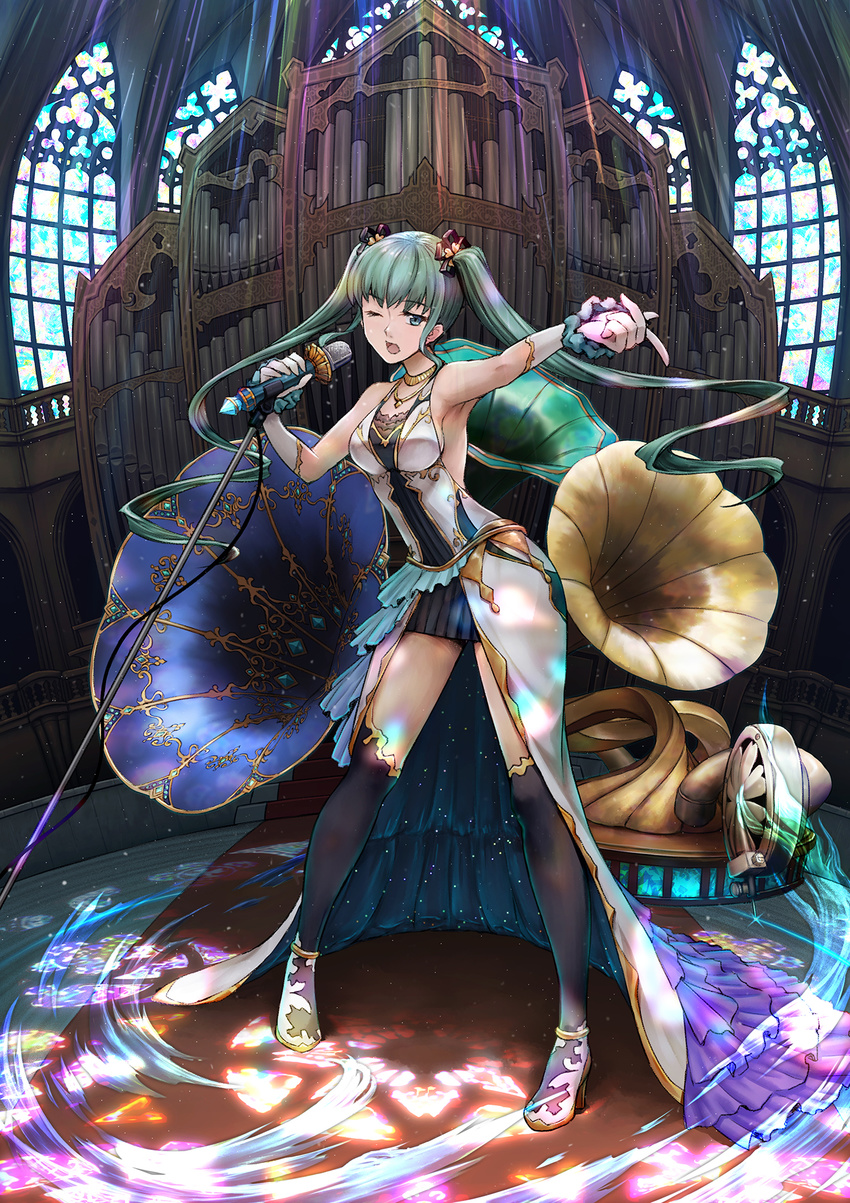 ;o bare_shoulders black_legwear blue_eyes breasts dress full_body green_hair hatsune_miku highres holding holding_microphone indoors instrument jewelry light_rays long_hair looking_at_viewer medium_breasts microphone microphone_stand necklace one_eye_closed organ phonograph pipe_organ pointing solo standing thighhighs twintails vocaloid window yumemizuki