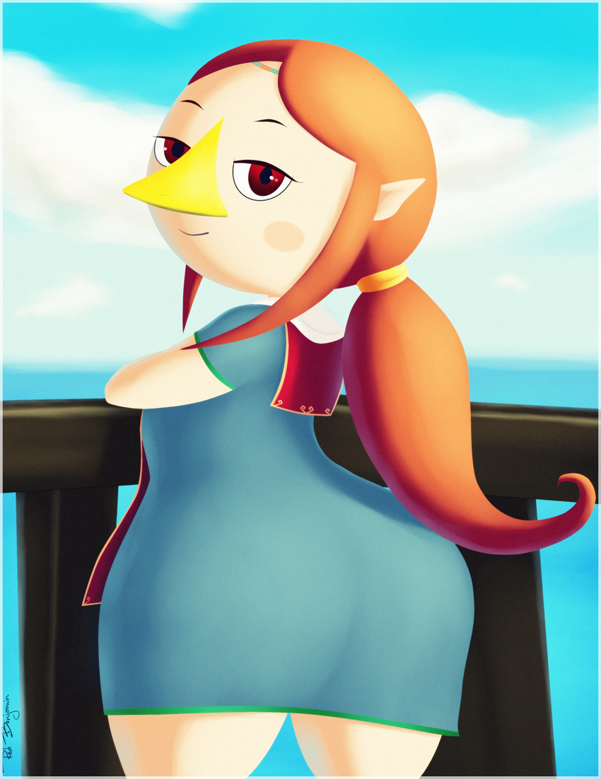 2016 absurd_res animal_humanoid avian avian_humanoid beak big_butt blush butt cloud female hair half-closed_eyes hi_res humanoid looking_back medli nintendo pointy_ears red_eyes red_hair rito short_stack signature sirredbenjamin smile solo the_legend_of_zelda video_games wide_hips wind_waker