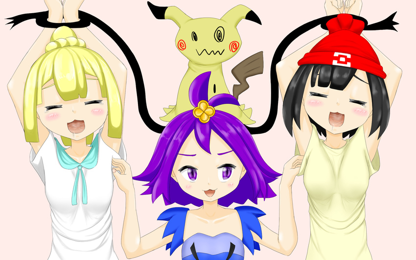 3girls :3 acerola_(pokemon) ahoge animal_ears armpits arms_up artist_request beanie black_eyes black_hair blonde_hair blue_dress blush braid breasts collarbone dress drooling eyes_closed flat_chest hair_ornament hands_together hat highres laughing lillie_(pokemon) looking_to_the_side matching_hair/eyes mimikyu mizuki_(pokemon_sm) multiple_girls open_mouth pink_background pokemon pokemon_(creature) pokemon_sm purple_eyes purple_hair red_hat restrained saliva shirt short_hair short_sleeves simple_background small_breasts smile tail tears tickling tied_hair wavy_mouth white_shirt yellow_shirt