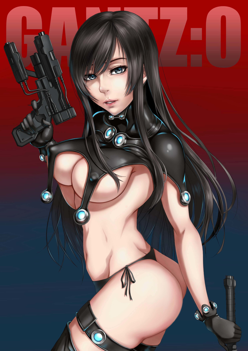 absurdres ass bangs black_eyes black_gloves black_hair black_panties breasts covered_nipples from_side gantz gantz_suit gloves gun highres holding holding_gun holding_weapon large_breasts lips long_hair looking_at_viewer panties parted_lips revealing_clothes shimohira_reika side-tie_panties sidelocks solo swept_bangs thigh_strap underboob underwear weapon xiao_gen