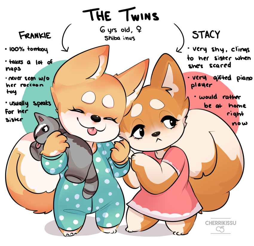 anthro black_eyes black_nose brown_fur canine cherrikissu clothed clothing cub dog duo eyes_closed female fluffy fluffy_tail frankie_(cherrikissu) fur hi_res mammal shiba_inu sibling stacy_(cherrikissu) tongue tongue_out white_fur young