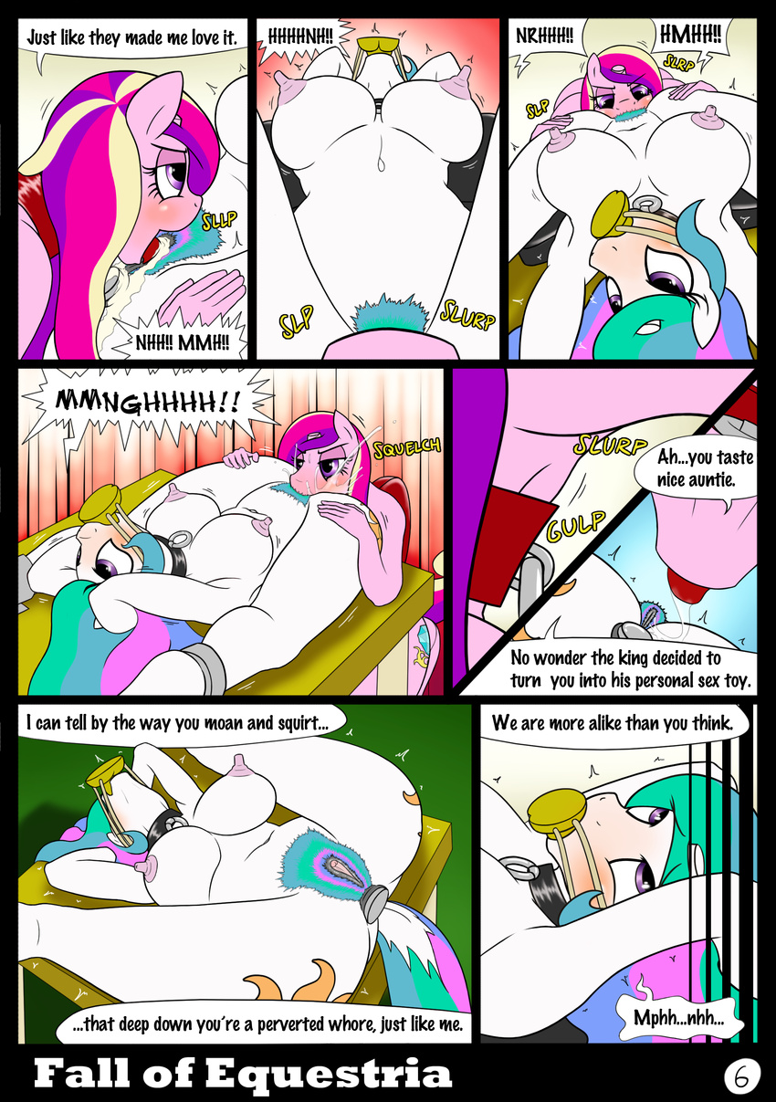 2017 anthro anthrofied areola breasts broken_horn cock_gag collar comic cum dialogue english_text equine fall_of_equestria female female/female friendship_is_magic gag hi_res horn mammal my_little_pony nipples nude ponkpank princess_cadance_(mlp) princess_celestia_(mlp) pussy slave text winged_unicorn wings