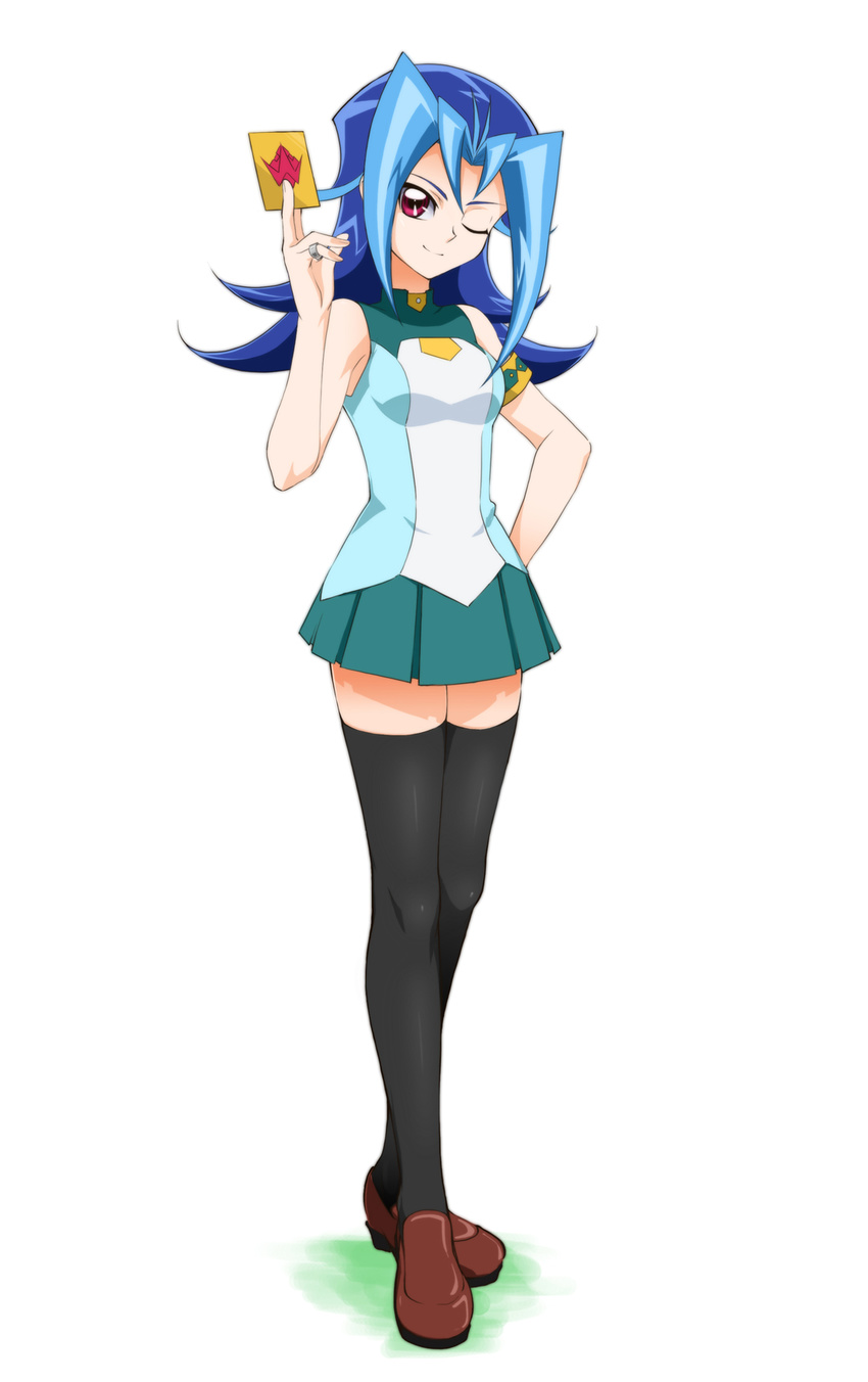 1girl blue_hair chiyo_(no3baki) full_body kamishiro_rio long_hair looking_at_viewer red_eyes school_uniform skirt smile wink yu-gi-oh! yuu-gi-ou_zexal