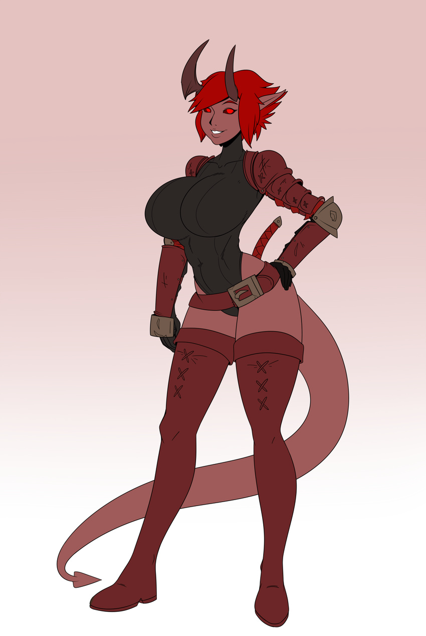 1girl armor dungeons_and_dragons full_body hand_on_hips horns lewdreaper pointy_ears red_eyes red_hair smile solo tail thigh_boots tiefling weapon
