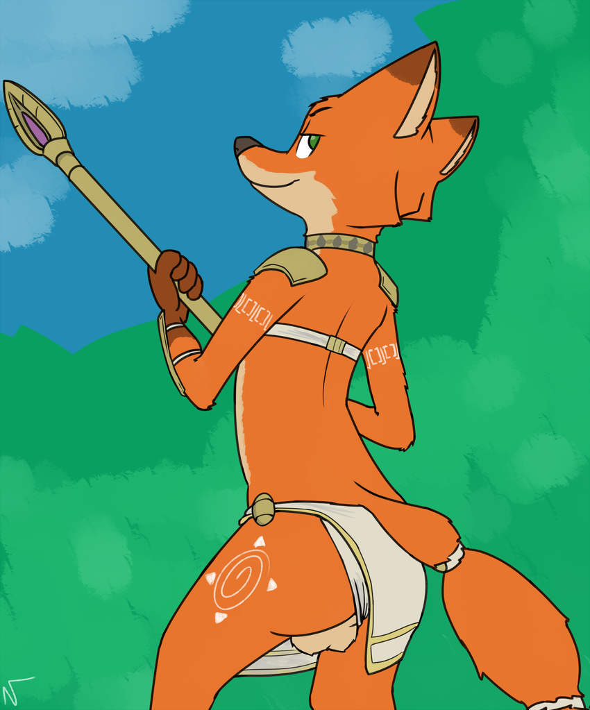 2017 4_fingers anthro backsack balls blue_sky butt canine clothing day digital_media_(artwork) disney forest fox fur girly gloves_(marking) green_eyes hi_res loincloth looking_back male mammal markings melee_weapon multicolored_fur nature nick_wilde nintendo outside polearm rear_view sky solo spear standing star_fox tree video_games visiti weapon zootopia