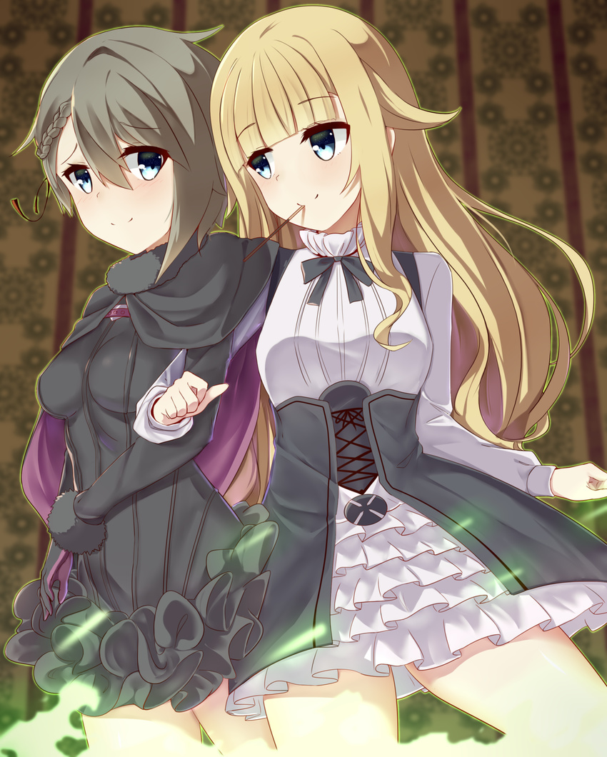 ange_(princess_principal) blonde_hair blush cape couple ddt_(darktrident) food grey_hair highres locked_arms long_hair multiple_girls pocky princess_(princess_principal) princess_principal school_uniform short_hair shy smile yuri