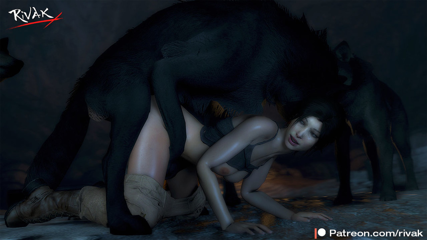 3d_(artwork) all_fours bestiality black_fur boots breasts brown_hair canine clothed clothing digital_media_(artwork) duo female feral footwear fur hair human human_on_feral interspecies lara_croft male male/female male_penetrating mammal nipples patreon rivak sex smile source_filmmaker tomb_raider video_games wolf