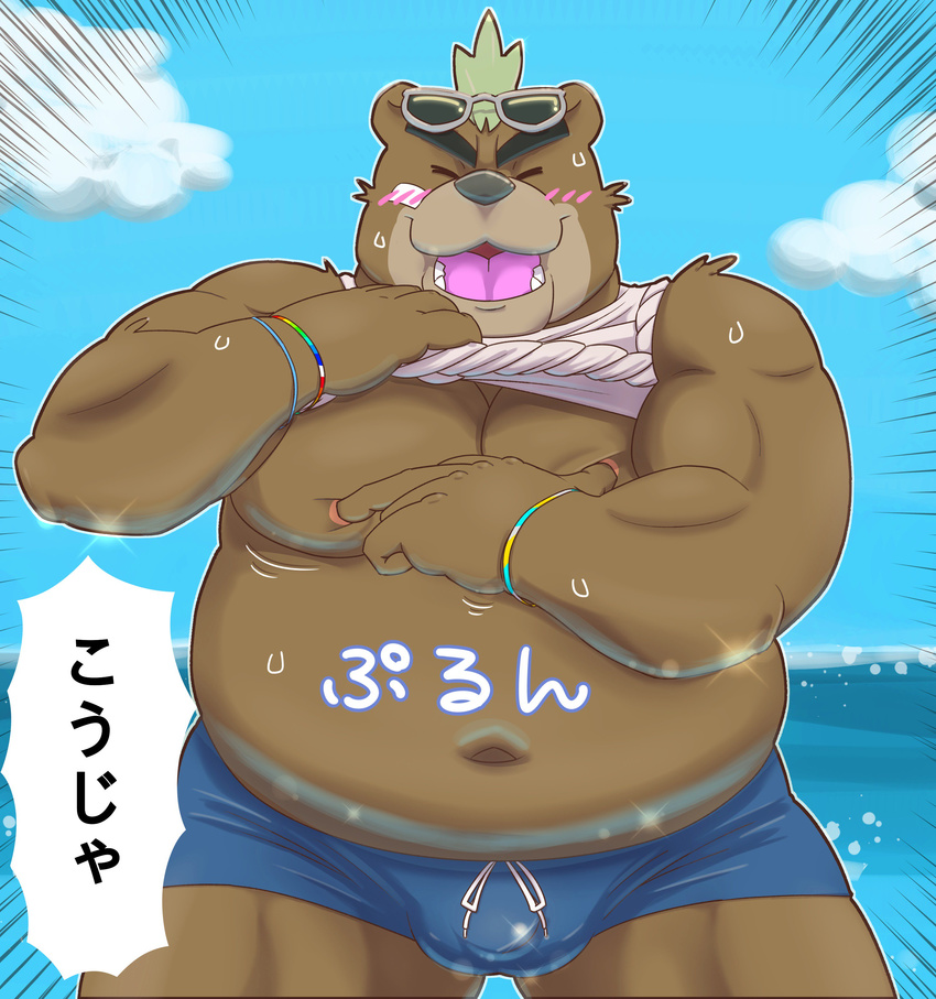 2017 anthro ashigara bear belly blush bulge clothing cloud eyes_closed eyewear front_view hi_res male mammal morkovjpn navel nipples outside overweight sky solo speedo sunglasses swimsuit tokyo_afterschool_summoners