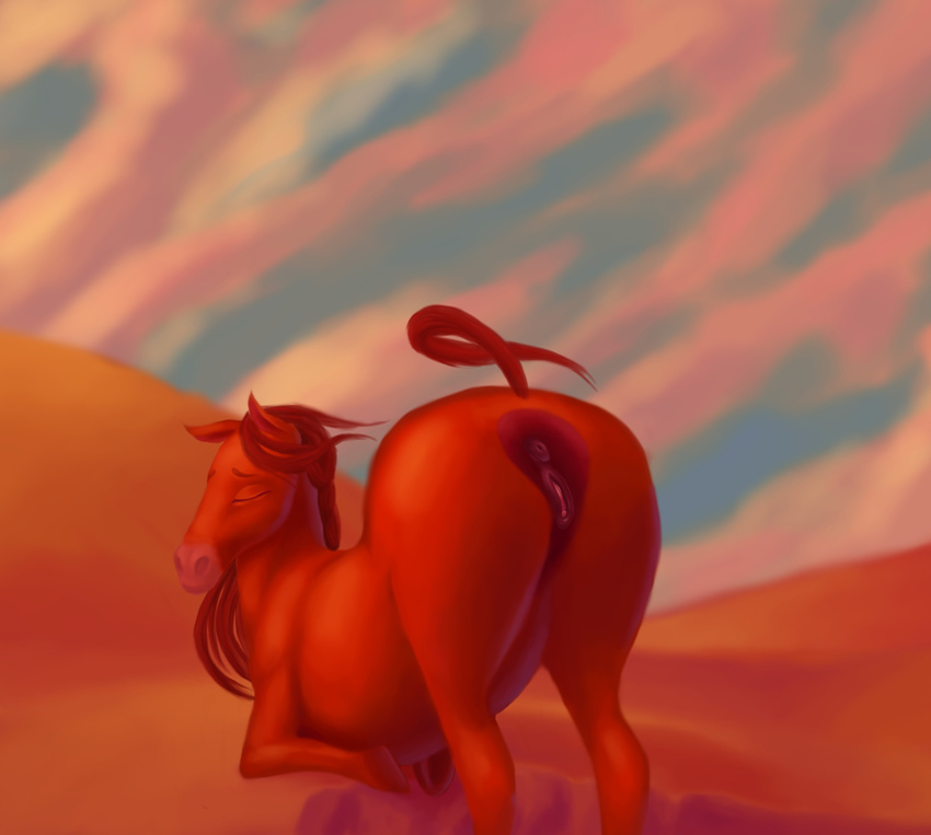 abstract_background animal_genitalia anus athletic big_butt blarf brown_fur butt desert dream dusk equine eyes_closed flowing_mane fur hair horse majestic mammal presenting presenting_hindquarters pussy red_hair sunset tagme