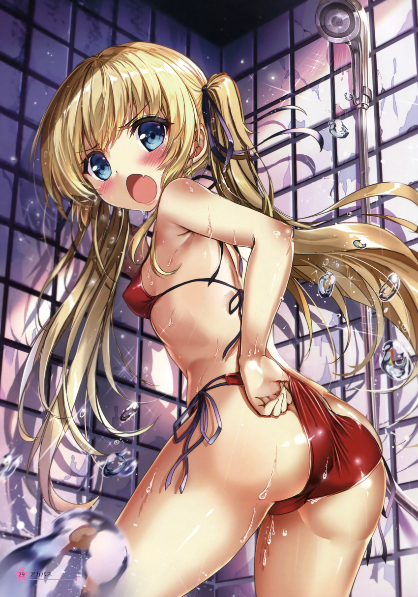 :o absurdres adjusting_clothes adjusting_swimsuit akabane_(zebrasmise) armpits ass bare_arms bare_shoulders bikini blonde_hair blue_eyes blush body_blush breasts cameltoe covered_nipples cowboy_shot embarrassed eyebrows_visible_through_hair fang from_behind from_below hair_ribbon highres huge_filesize leaning_forward long_hair looking_back open_mouth page_number purple_ribbon red_bikini ribbon saenai_heroine_no_sodatekata sawamura_spencer_eriri scan shiny shiny_skin shower_head showering side-tie_bikini sideboob small_breasts solo sparkle standing swimsuit tareme thighs tile_wall tiles twintails v-shaped_eyebrows very_long_hair water water_drop wet wet_hair