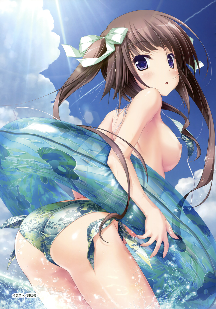 absurdres artist_name ass bare_arms bare_shoulders bikini blue_innertube blue_sky breasts brown_hair cloud cloudy_sky condensation_trail cowboy_shot day eyebrows_visible_through_hair fisheye from_below from_side hair_ribbon hapymaher highres hirasaka_keiko innertube medium_breasts nipples parted_lips print_bikini purple_eyes ribbon scan side-tie_bikini sidelocks sky solo sunlight swimsuit trefoil tsukimori_hiro twintails wardrobe_malfunction water_drop