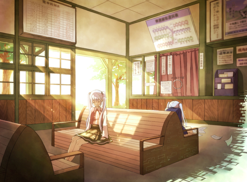 bangs bench blue_hair blue_shirt blue_skirt closed_eyes closed_mouth commentary_request curtains day eyebrows_visible_through_hair facing_away fujino_iro glitch green_skirt hatsune_miku indoors long_hair long_sleeves multiple_girls paper pink_shirt shirt sign sitting skirt smile sunlight train_station tree twintails vocaloid window
