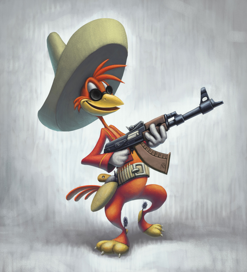 2015 3_toes ak-47 assault_rifle avian beak belt bird chicken digital_media_(artwork) digital_painting_(artwork) disney eyewear feathers gun handgun hat holding_object holding_weapon holster nik159 open_jacket open_mouth open_smile orange_feathers panchito_pistoles pistol ranged_weapon rifle simple_background smile solo sombrero sunglasses tail_feathers textured_background the_three_caballeros toes weapon white_gloves yellow_beak