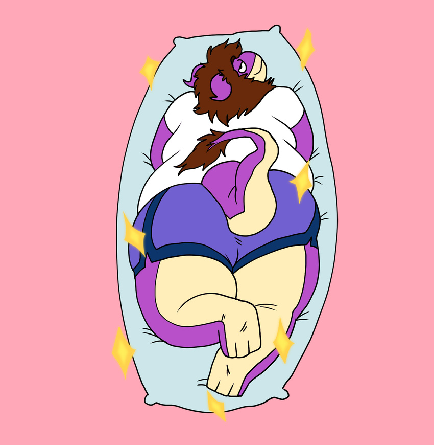 2017 3_toes alien anthro bedroom_eyes biped black_eyes blue_bottomwear blue_clothing body_pillow brown_hair butt clothed clothing countershade_face countershade_torso countershading dakimakura_design dakimakura_pillow digital_drawing_(artwork) digital_media_(artwork) dragon hair half-closed_eyes harvey_(slimeymonsterguts) hi_res high-angle_view horn long_hair long_tail looking_at_viewer looking_back love_handles lying male obese on_front overweight overweight_male pillow pink_background pinup pose purple_body purple_horn purple_tail rear_view seductive shorts simple_background slimeymonsterguts smile solo sparkling tail_tuft tan_body tan_countershading tan_tail toes tuft two_tone_body two_tone_tail white_clothing white_topwear