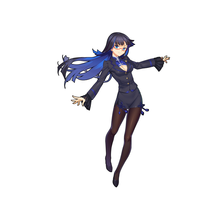 absurdres aqua_eyes bangs black_footwear black_shirt blue_hair blunt_bangs breasts brown_legwear buttons cleavage_cutout closed_mouth commentary_request eyebrows_visible_through_hair full_body glasses highres long_hair long_sleeves medium_breasts miniskirt nie_xiaoqian official_art outstretched_arms pantyhose pencil_skirt red-framed_eyewear sangai_senki semi-rimless_eyewear shirt shoes simple_background skirt smile solo spread_arms under-rim_eyewear white_background yangsion