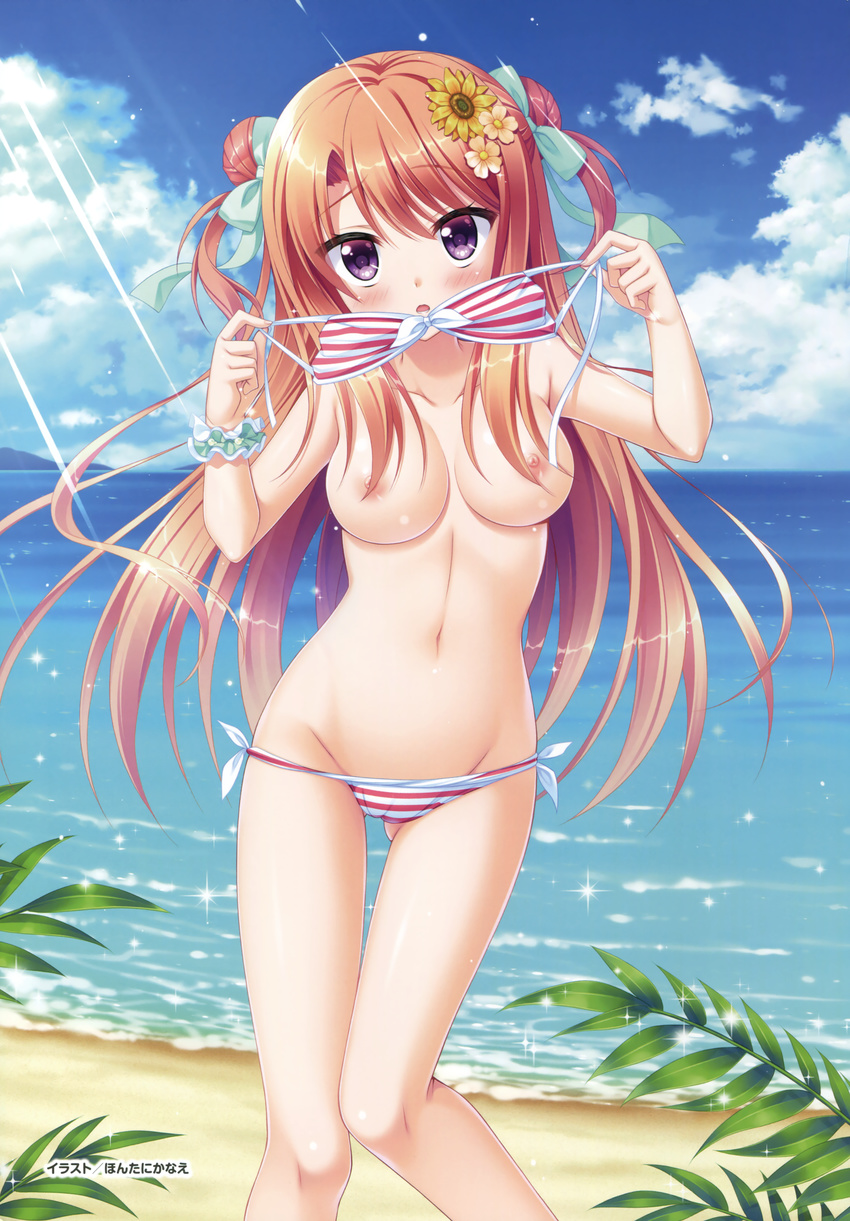 :d absurdres aqua_ribbon arms_up beach bikini bikini_top_removed blonde_hair blue_eyes blush breasts brown_hair cameltoe cloud cloudy_sky collarbone day drill_hair embarrassed eyebrows_visible_through_hair floating_hair floral_flowlove flower groin hair_between_eyes hair_flower hair_ornament hair_ribbon hat hat_flower head_tilt highres holding_bikini_top long_hair looking_at_viewer medium_breasts mihato_kano moribe_(rabumanyo) navel nipples ocean open_mouth outdoors purple_eyes red_flower ribbon side-tie_bikini sky smile solo sparkle standing striped striped_bikini swimsuit thigh_gap topless twin_drills twintails very_long_hair white_hat wrist_cuffs yellow_flower