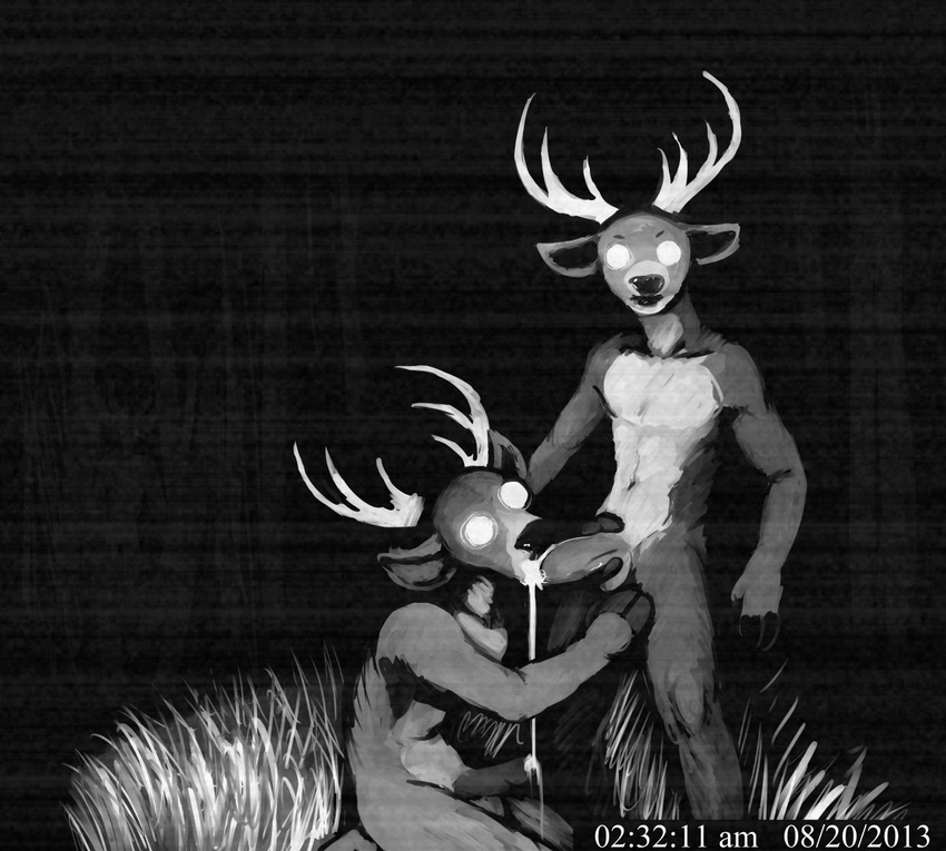 anthro antlers balls bodily_fluids camera camera_view caught cum cum_drip cum_in_mouth cum_inside deer dripping duo fellatio genital_fluids genitals glowing glowing_eyes greyscale hladilnik horn looking_at_viewer male male/male mammal monochrome nightmare_fuel nude oral penile penis sex soul_devouring_eyes