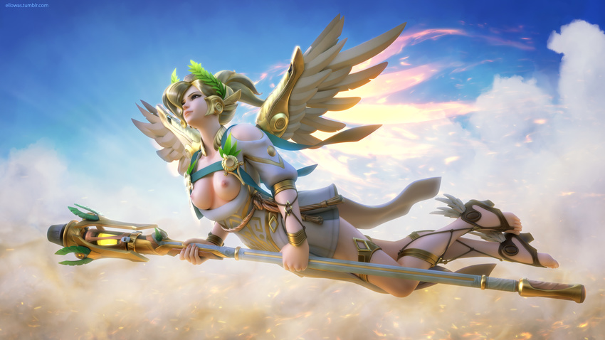 3d absurdres alternate_costume blonde_hair blue_eyes breasts breasts_outside cloud ellowas feathered_wings flying head_wreath high_ponytail highres laurel_crown lips mechanical_wings medium_breasts mercy_(overwatch) nipples overwatch shoes short_hair short_sleeves sky solo staff watermark web_address winged_shoes winged_victory_mercy wings