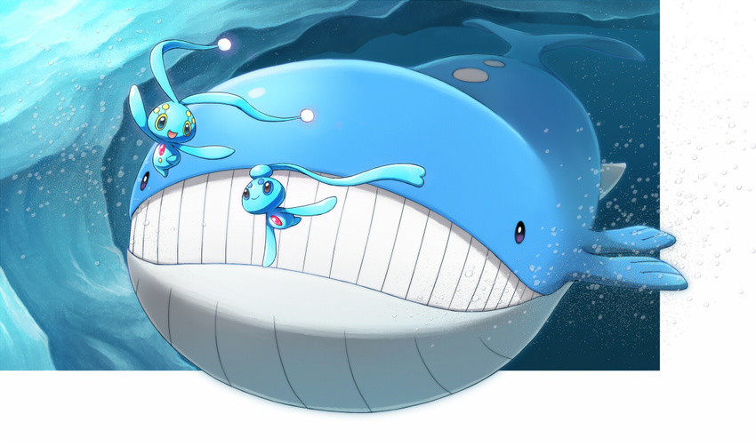 arms_up black_eyes blue_background blue_eyes bubbles eye_contact fins full_body happy ice looking_down looking_up manaphy no_humans open_mouth outstretched_arms phione pokemon pokemon_(creature) pokemon_dppt pokemon_rse smile teeth underwater wailord wataametulip water whale