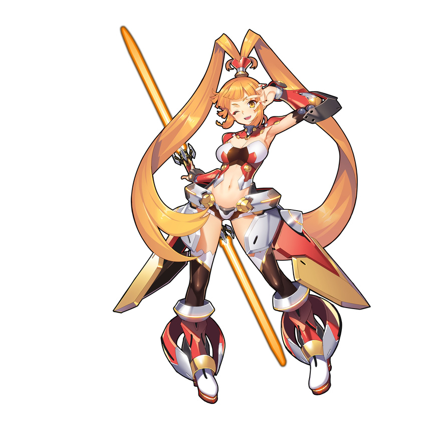 :d absurdres armor armpits bangs black_legwear blunt_bangs boots breasts commentary_request detached_collar detached_sleeves double-blade energy_weapon hair_ornament high_ponytail highres holding holding_weapon large_breasts long_hair looking_at_viewer navel official_art one_eye_closed open_mouth orange_hair ponytail sangai_senki short_shorts shorts simple_background smile solo standing sun_wukong_(sangai_senki) thighhighs thighhighs_under_boots v v-shaped_eyebrows v_over_eye vambraces very_long_hair weapon white_background yangsion yellow_eyes