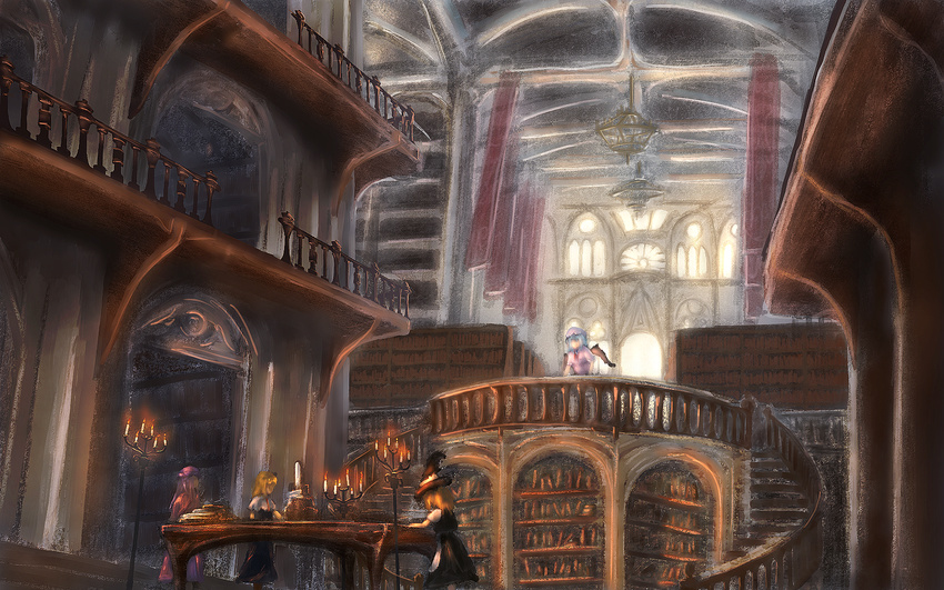 alice_margatroid banner bat_wings black_skirt black_vest blonde_hair blouse blue_dress bookshelf candle candlestand capelet ceiling chandelier day dress faux_traditional_media flying_buttress from_side hat highres indoors kirisame_marisa lfacras library long_hair mob_cap multiple_girls patchouli_knowledge pink_blouse puffy_short_sleeves puffy_sleeves purple_hair railing remilia_scarlet robe short_hair short_sleeves skirt skirt_set stairs standing table touhou vest voile window wings witch_hat