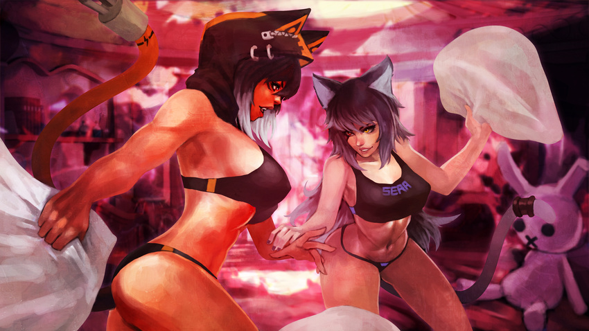 absurdres animal_ears animal_hood axis_(monori_rogue) black_hair black_panties borrowed_character breasts cat_ears cat_hood cat_tail commentary crossover electric_plug gradient_hair heterochromia highres hood large_breasts medium_breasts midriff monori_rogue multicolored_hair multiple_girls navel original panties pillow pillow_fight red_eyes sera_(mgl139) silver_hair sports_bra tail tan toned underwear underwear_only yellow_eyes