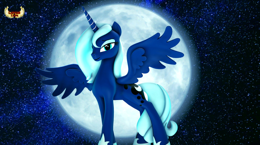 2018 blue_eyes blue_hair blue_theme equine eyeshadow female feral friendship_is_magic hair horn lidded_eyes makeup mammal moon my_little_pony princess_luna_(mlp) solo star winged_unicorn wings