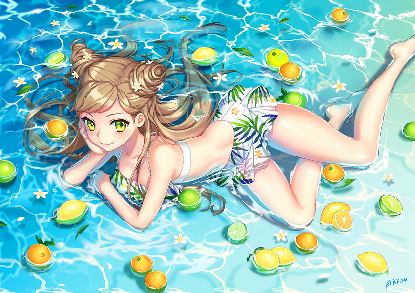 arm_support artist_name bangs bare_legs barefoot bikini bikini_skirt blush briska brown_hair closed_mouth collarbone commentary_request food fruit green_eyes hand_on_own_cheek legs lemon lime_(fruit) long_hair looking_at_viewer lying navel ocean on_side orange original partially_submerged ringlets shiny shiny_skin sidelocks signature smile solo swept_bangs swimsuit thighs white_bikini