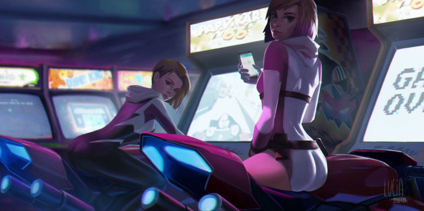 2019 2girls arcade arcade_cabinet artist_name ass asymmetrical_hair belt blonde_hair blue_eyes bodysuit cellphone dual_persona gwenpool highres hood hood_down leotard looking_at_viewer looking_back lucia_hsiang marvel multicolored_hair multiple_girls phone riding riding_machine short_hair smartphone smile spider-gwen spider-man:_into_the_spider-verse spider-man_(series) spider_web_print strap superhero two-tone_hair undercut utility_belt