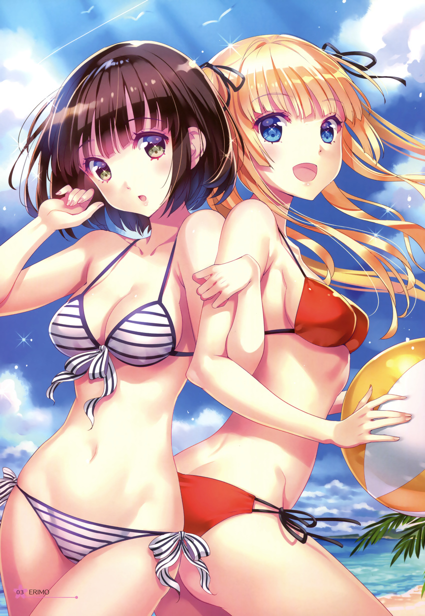 :d absurdres arm_up artist_name ass-to-ass ball bangs bare_arms beach beachball bikini bird blonde_hair blue_eyes blue_sky breasts brown_hair cleavage cloud condensation_trail cowboy_shot day from_side front-tie_bikini front-tie_top green_eyes hair_ribbon highres katou_megumi locked_arms looking_at_viewer medium_breasts multi-strapped_bikini multiple_girls navel nishimura_eri open_mouth outdoors parted_lips red_bikini ribbon saenai_heroine_no_sodatekata sawamura_spencer_eriri scan short_hair side-tie_bikini sky smile striped striped_bikini swimsuit twintails