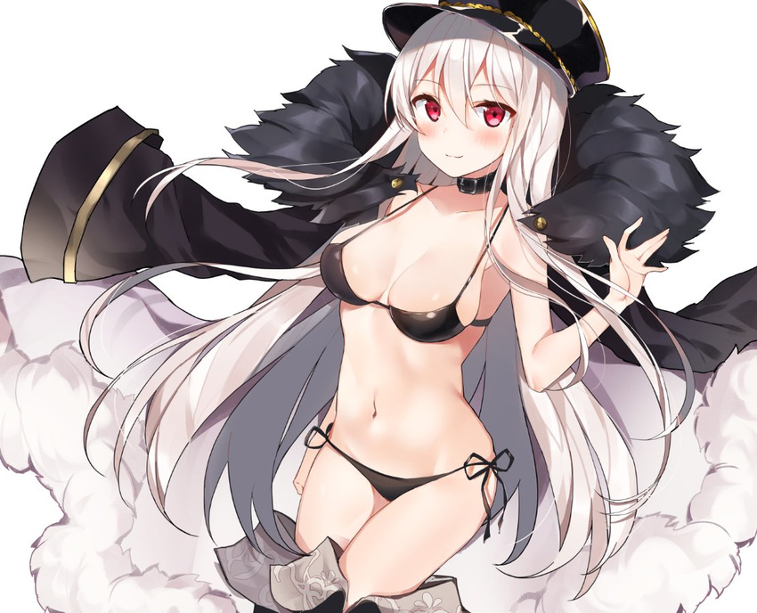 arm_at_side bikini black_legwear blush boots breasts closed_mouth collar commentary cowboy_shot dutch_angle fur_trim girls_frontline hair_between_eyes hat jacket_on_shoulders kar98k_(girls_frontline) long_hair looking_at_viewer medium_breasts navel red_eyes sabet_(young_ouo) side-tie_bikini sidelocks simple_background smile solo string_bikini swimsuit thigh_boots thighhighs very_long_hair white_background white_hair