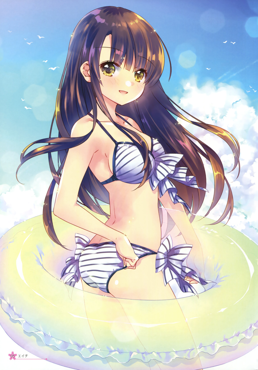 :d absurdres adjusting_clothes adjusting_swimsuit artist_name bangs bikini blue_sky bow breasts brown_hair cloud collarbone cowboy_shot day ech eyebrows_visible_through_hair floating_hair from_side green_eyes highres innertube katou_megumi lens_flare long_hair looking_at_viewer medium_breasts open_mouth outdoors page_number saenai_heroine_no_sodatekata sideboob sky smile solo standing striped striped_bikini striped_bow swimsuit transparent very_long_hair white_bikini white_bow