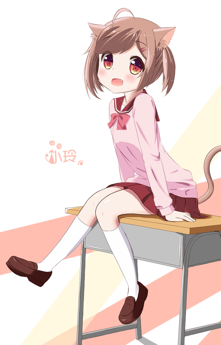 :d absurdres ahoge animal_ears arm_support bangs blush brown_footwear cat_ears cat_girl cat_tail commentary_request desk eyebrows_visible_through_hair fang foot_dangle full_body hair_ornament hairclip head_tilt highres kneehighs leaning_forward loafers long_sleeves looking_at_viewer on_desk open_mouth orange_eyes original paw_print pink_shirt pleated_skirt red_skirt school_desk school_uniform serafuku shirt shoes short_hair short_twintails signature simple_background sitting sitting_on_desk skirt smile solo tail tareme twintails white_legwear xiaosamiao