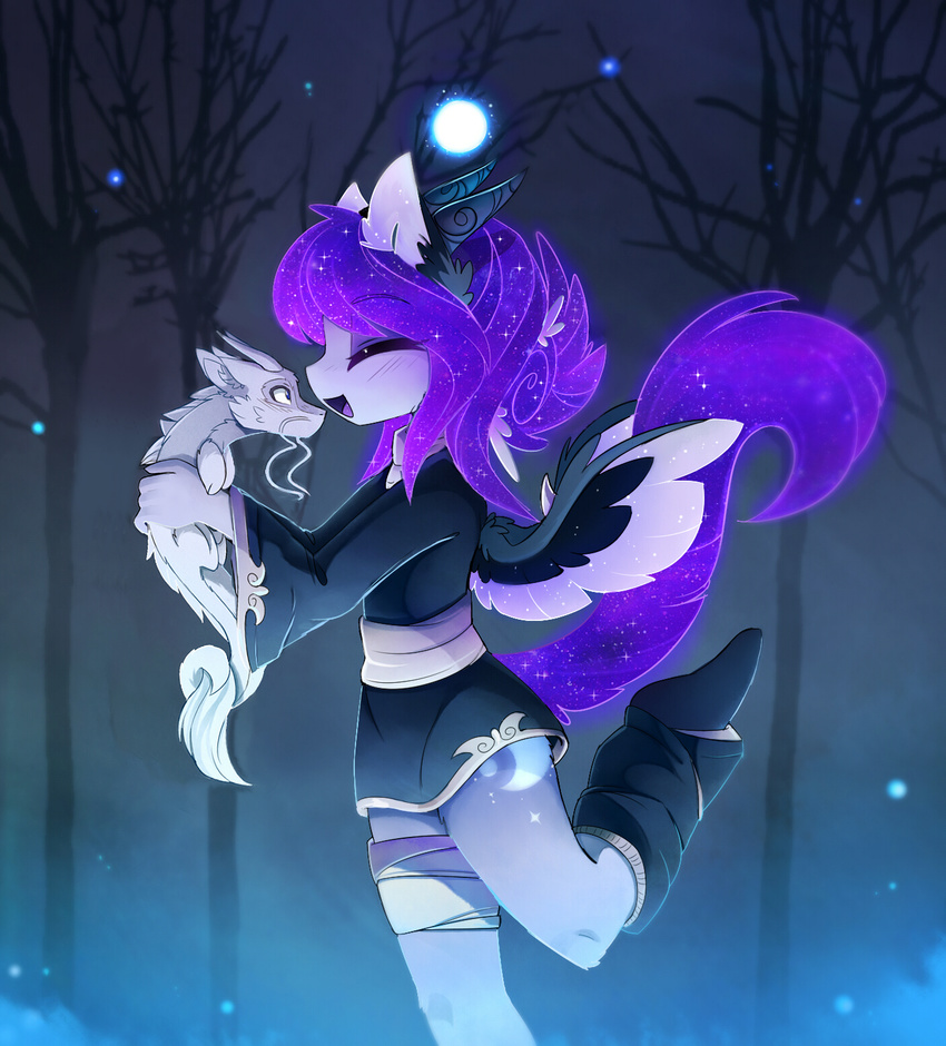 anthro cutie_mark dragon duo eastern_dragon feathered_wings feathers female feral friendship_is_magic gorn magnaluna male moon my_little_pony night outside princess_luna_(mlp) sky smile tree wings