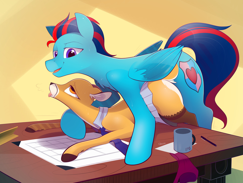 b-epon bent_over braddo cervine clothing deer desk equine female friendship_is_magic horse interspecies male male/female mammal my_little_pony oc:andrew_swiftwing oc:jenna_silkhoof office pony skirt straight_sex